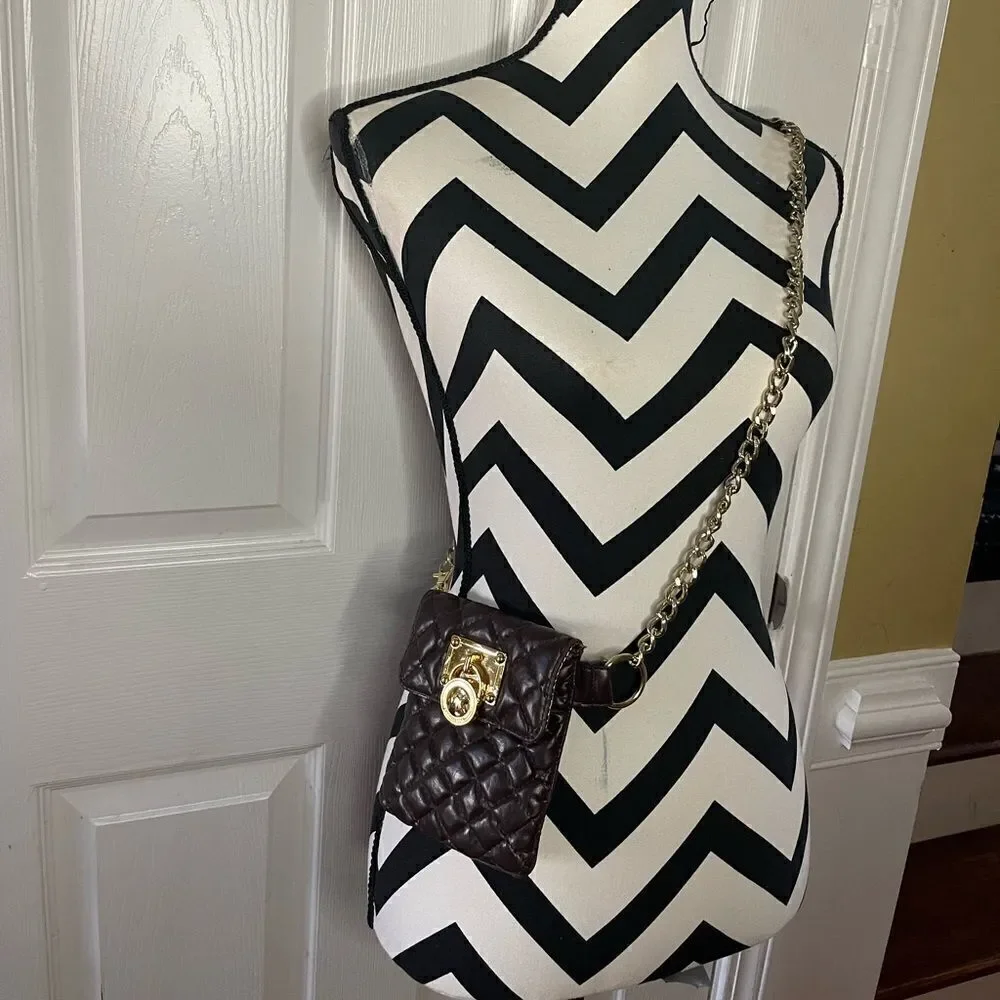 Michael Kors Brown faux leather quilted mini crossbody/fanny pack chain accent